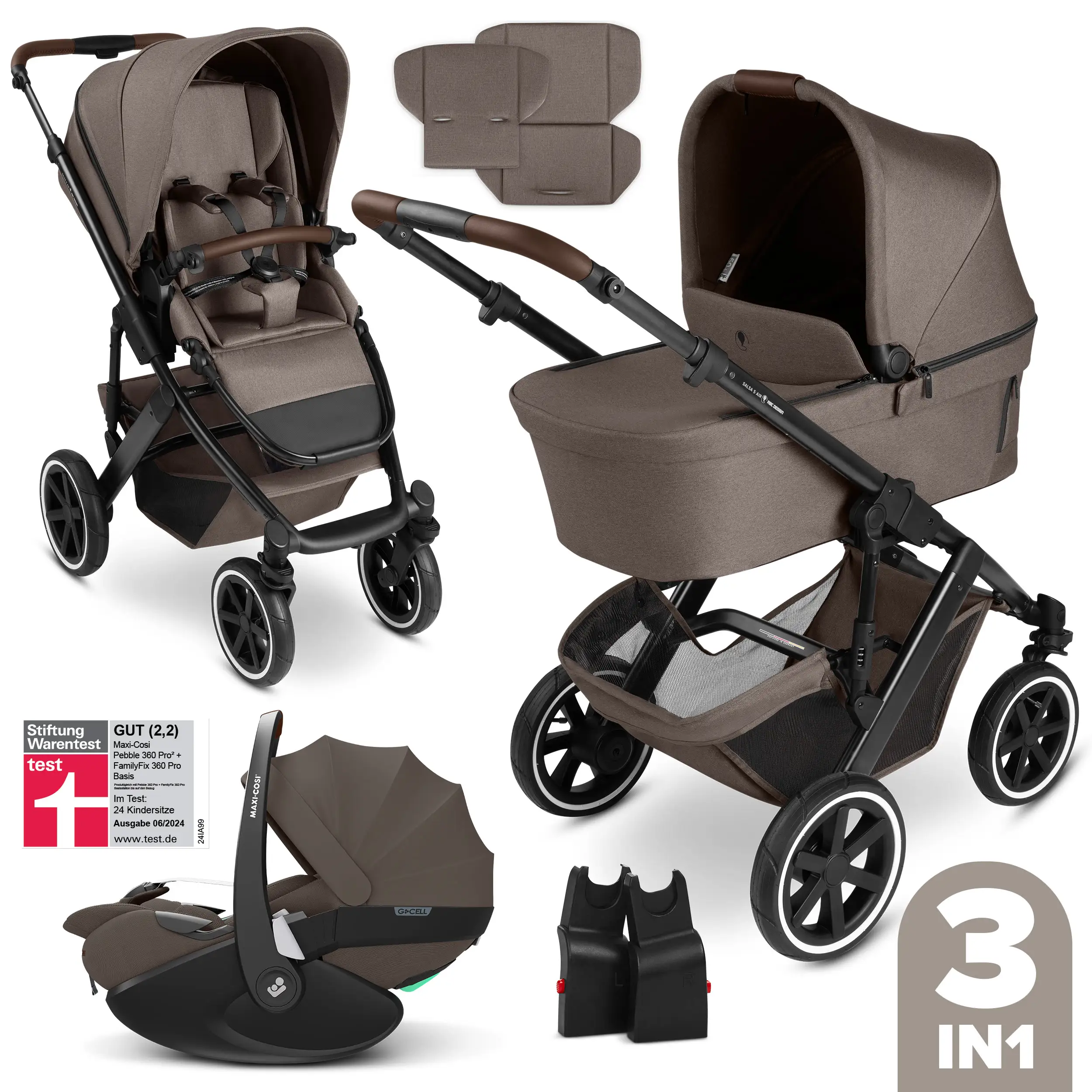 3in1 Kinderwagen-Set Salsa 5 Air inkl. Babyschale Maxi Cosi Pebble 360 Pro 2 - Nature