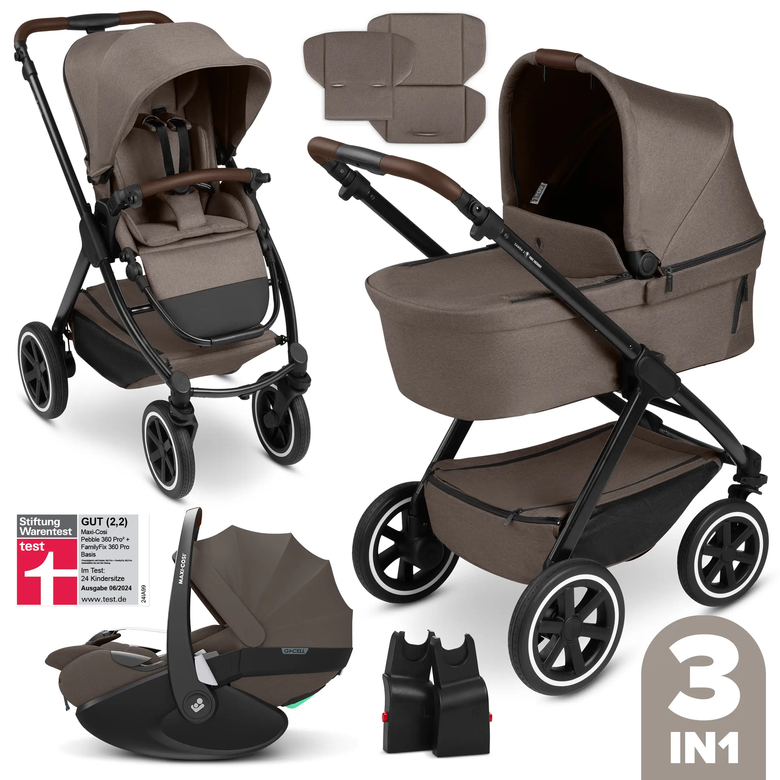 3in1 Kinderwagen-Set Samba 2 inkl. Babyschale Maxi Cosi Pebble 360 Pro 2 - Nature