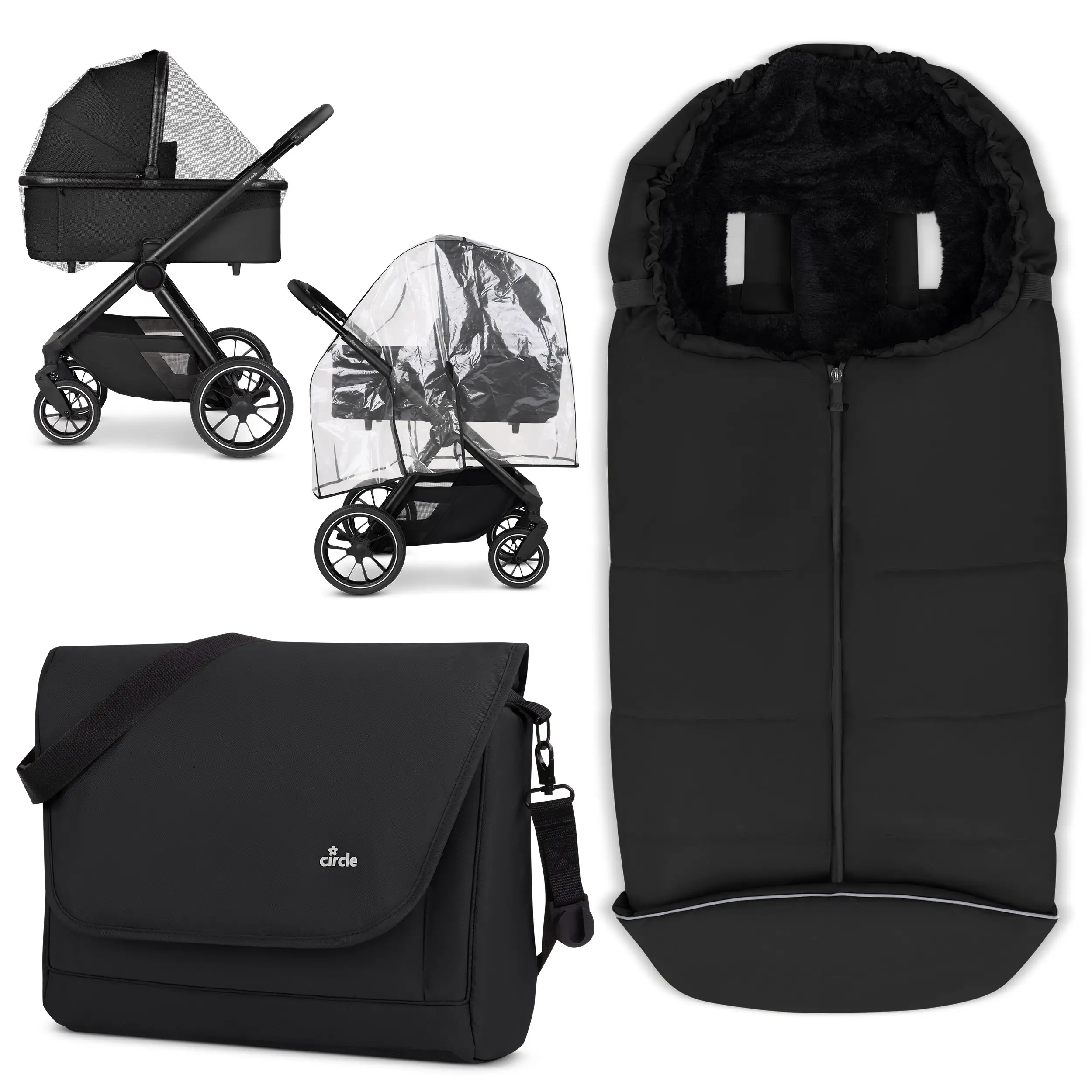 Stroller accessories set - Diaper bag, Winter footmuff, Rain cover & Mosquito net - Black